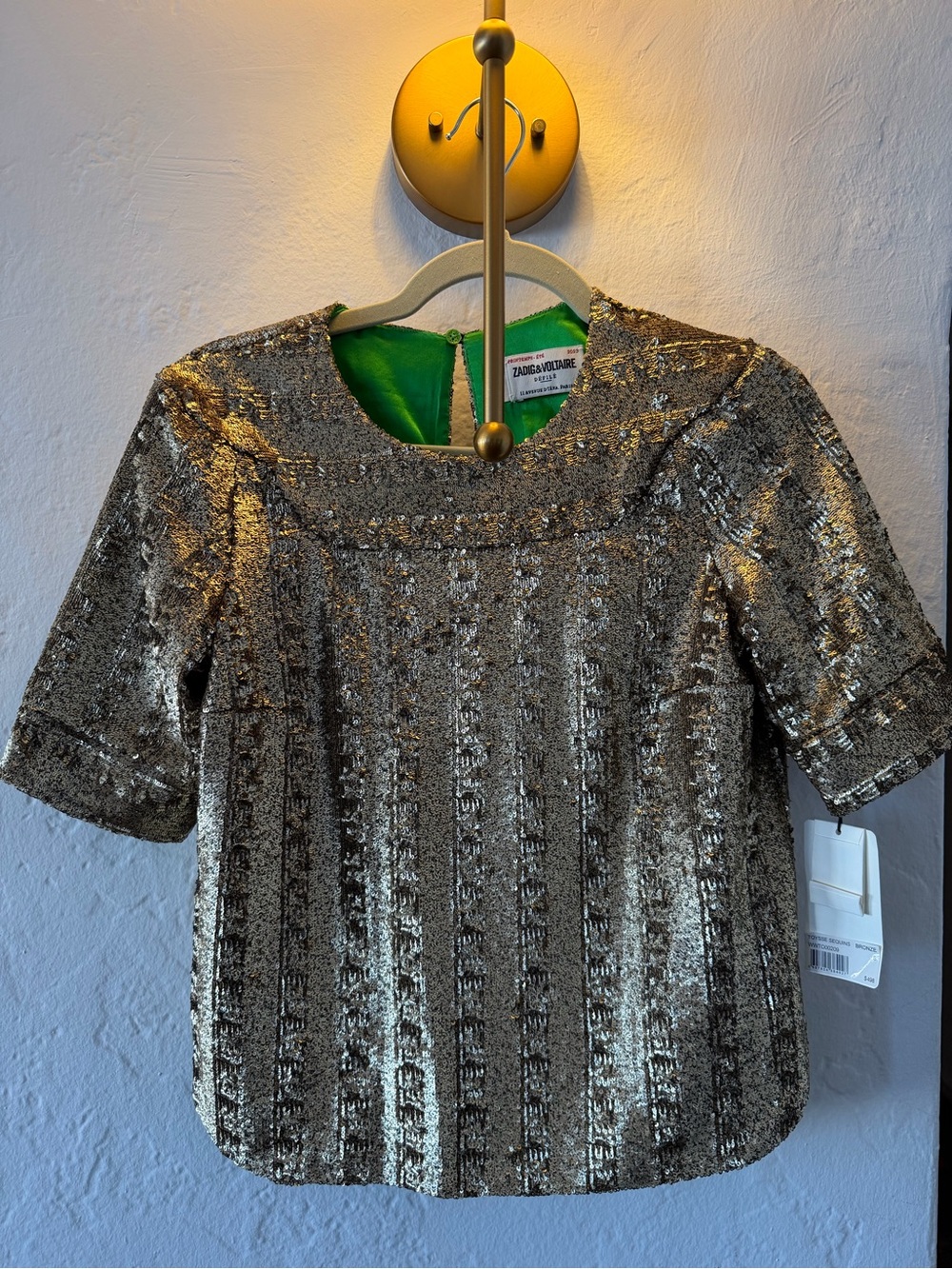 Zadig & Voltaire Metallic Gold Sequin Short-Sleeve Blouse NWT S